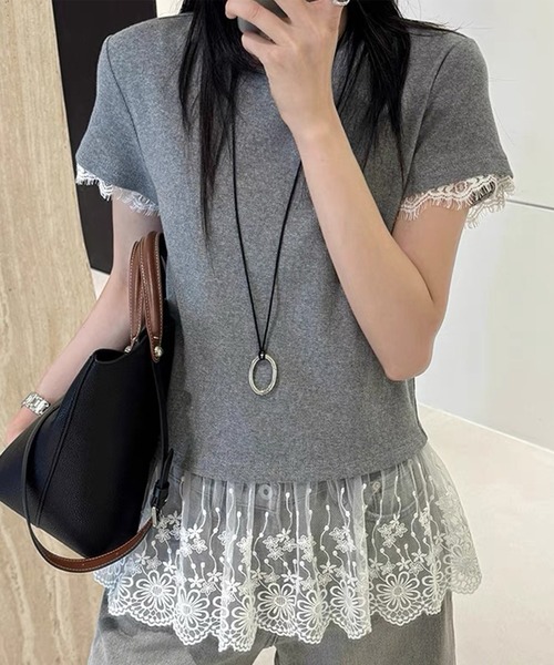 Lace Ladies(レースレディース)の「レース ドッキング クルーネック 半袖 Tシャツ(Tシャツ/カットソー・レディース・ホワイト/グレー/ブラック・M/XL)」の3枚目の写真