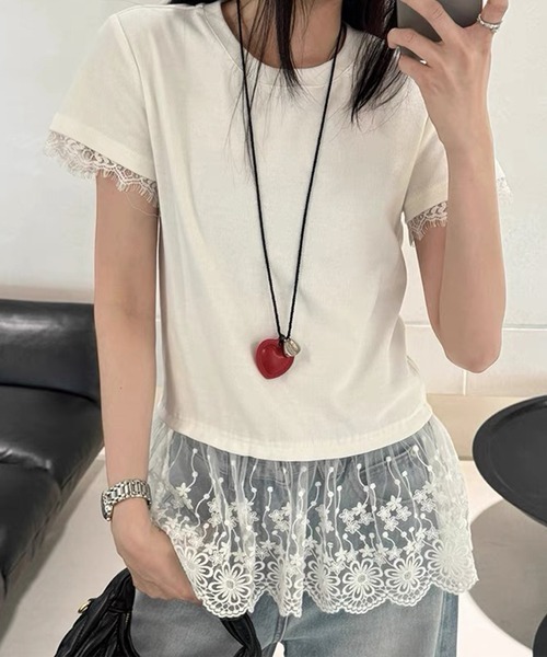 Lace Ladies(レースレディース)の「レース ドッキング クルーネック 半袖 Tシャツ(Tシャツ/カットソー・レディース・ホワイト/グレー/ブラック・M/XL)」の1枚目の写真
