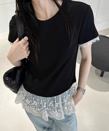 レース ドッキング クルーネック 半袖 Tシャツ