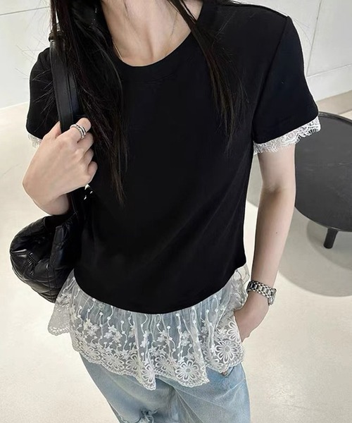 Lace Ladies(レースレディース)の「レース ドッキング クルーネック 半袖 Tシャツ(Tシャツ/カットソー・レディース・ホワイト/グレー/ブラック・M/XL)」の2枚目の写真