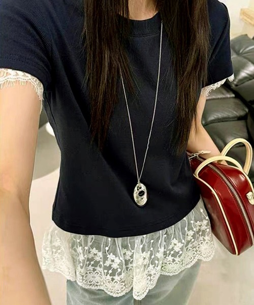 Lace Ladies(レースレディース)の「レース ドッキング クルーネック 半袖 Tシャツ(Tシャツ/カットソー・レディース・ホワイト/グレー/ブラック・M/XL)」の4枚目の写真