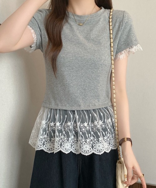 Lace Ladies(レースレディース)の「レース ドッキング クルーネック 半袖 Tシャツ(Tシャツ/カットソー・レディース・ホワイト/グレー/ブラック・M/XL)」の5枚目の写真