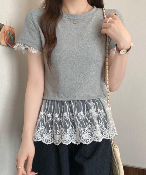 Lace Ladies(レースレディース)の「レース ドッキング クルーネック 半袖 Tシャツ(Tシャツ/カットソー・レディース・ホワイト/グレー/ブラック・M/XL)」の6枚目の写真