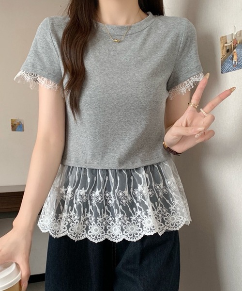 Lace Ladies(レースレディース)の「レース ドッキング クルーネック 半袖 Tシャツ(Tシャツ/カットソー・レディース・ホワイト/グレー/ブラック・M/XL)」の7枚目の写真