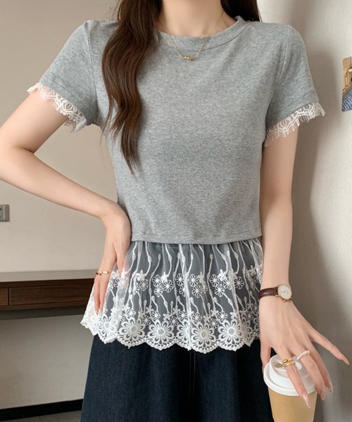 Lace Ladies(レースレディース)の「レース ドッキング クルーネック 半袖 Tシャツ(Tシャツ/カットソー・レディース・ホワイト/グレー/ブラック・M/XL)」の8枚目の写真