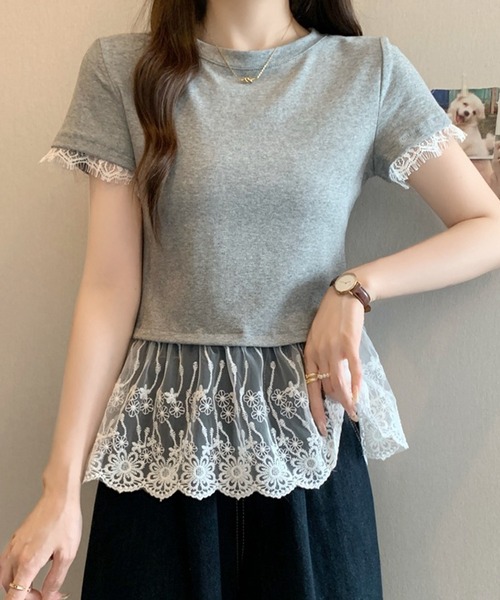Lace Ladies(レースレディース)の「レース ドッキング クルーネック 半袖 Tシャツ(Tシャツ/カットソー・レディース・ホワイト/グレー/ブラック・M/XL)」の9枚目の写真