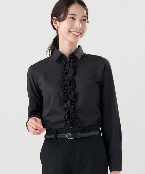 TOKYO SHIRTS(トウキョウシャツ)の「【吸水速乾】【COFREX】前立ミニフリルブラウス 長袖 レディースデザインシャツ(シャツ/ブラウス・レディース・ブラック・S/M/L/LL/XL)」の1枚目の写真
