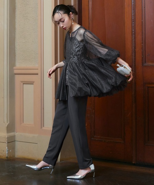 RUIRUE BOUTIQUE（ルイルエブティック）の「オケージョンドレス 結婚式 ｜ バルーントップス ＆ レースインナー ＆ パンツ 3点セット ｜ パンツドレス パンツスーツ 美脚効果 二次会 披露宴 お呼ばれ パーティードレス（パンツドレス・レディース・チャコール/ネイビー/ブラック・S/M/L/LL）」の3枚目の写真