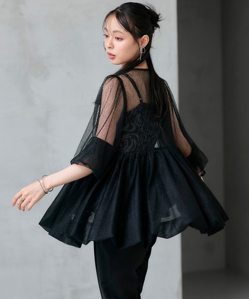 RUIRUE BOUTIQUE（ルイルエブティック）の「オケージョンドレス 結婚式 ｜ バルーントップス ＆ レースインナー ＆ パンツ 3点セット ｜ パンツドレス パンツスーツ 美脚効果 二次会 披露宴 お呼ばれ パーティードレス（パンツドレス・レディース・チャコール/ネイビー/ブラック・S/M/L/LL）」の2枚目の写真