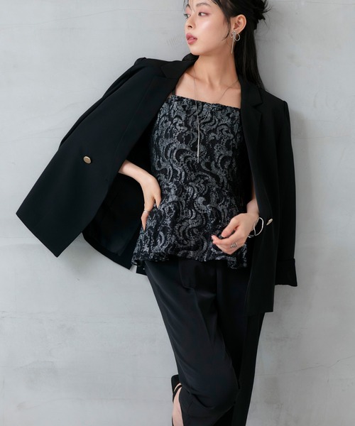 RUIRUE BOUTIQUE（ルイルエブティック）の「オケージョンドレス 結婚式 ｜ バルーントップス ＆ レースインナー ＆ パンツ 3点セット ｜ パンツドレス パンツスーツ 美脚効果 二次会 披露宴 お呼ばれ パーティードレス（パンツドレス・レディース・チャコール/ネイビー/ブラック・S/M/L/LL）」の8枚目の写真