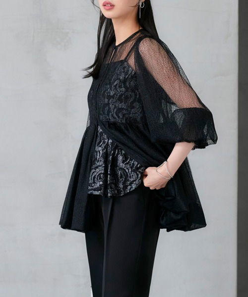 RUIRUE BOUTIQUE（ルイルエブティック）の「オケージョンドレス 結婚式 ｜ バルーントップス ＆ レースインナー ＆ パンツ 3点セット ｜ パンツドレス パンツスーツ 美脚効果 二次会 披露宴 お呼ばれ パーティードレス（パンツドレス・レディース・チャコール/ネイビー/ブラック・S/M/L/LL）」の9枚目の写真