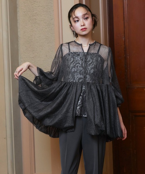 RUIRUE BOUTIQUE（ルイルエブティック）の「オケージョンドレス 結婚式 ｜ バルーントップス ＆ レースインナー ＆ パンツ 3点セット ｜ パンツドレス パンツスーツ 美脚効果 二次会 披露宴 お呼ばれ パーティードレス（パンツドレス・レディース・チャコール/ネイビー/ブラック・S/M/L/LL）」の10枚目の写真