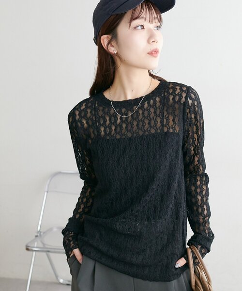 DISCOAT（ディスコート）の「【WEB限定】レースクルーネックプルオー（Tシャツ/カットソー・レディース・ブラウン/ブラック/オフホワイト/アイボリー・FREE）」の4枚目の写真