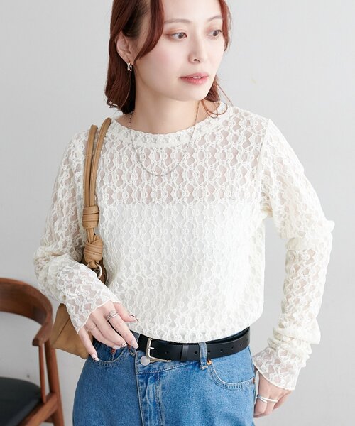DISCOAT（ディスコート）の「【WEB限定】レースクルーネックプルオー（Tシャツ/カットソー・レディース・ブラウン/ブラック/オフホワイト/アイボリー・FREE）」の5枚目の写真