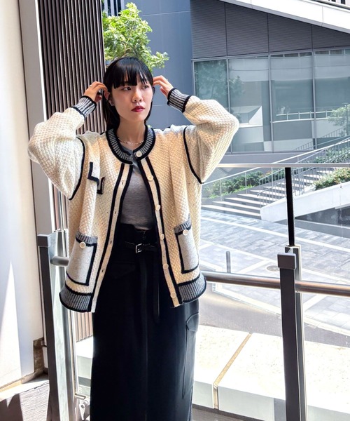 niko and...（ニコアンド）の「【MODE NORM CORE】バイカラートリムニットカーディガン（カーディガン/ボレロ・レディース・ブラック/グレー/オフホワイト・FREE）」の8枚目の写真