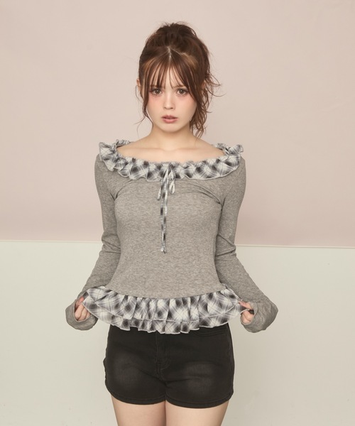 TITTY&CO.（ティティーアンドコー）の「チェックフリルロンT（Tシャツ/カットソー・レディース・グレー/ブラック・FREE）」の11枚目の写真