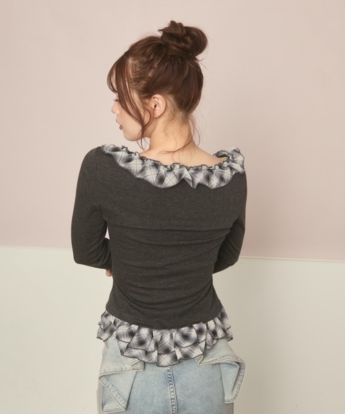 TITTY&CO.（ティティーアンドコー）の「チェックフリルロンT（Tシャツ/カットソー・レディース・グレー/ブラック・FREE）」の7枚目の写真