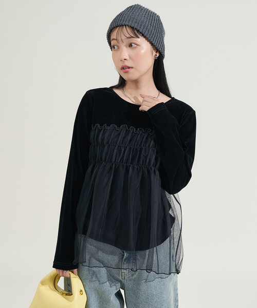 OHGA ベロア黒 長袖 トップス フリル付き OHGA ベロア黒 長袖 トップス
