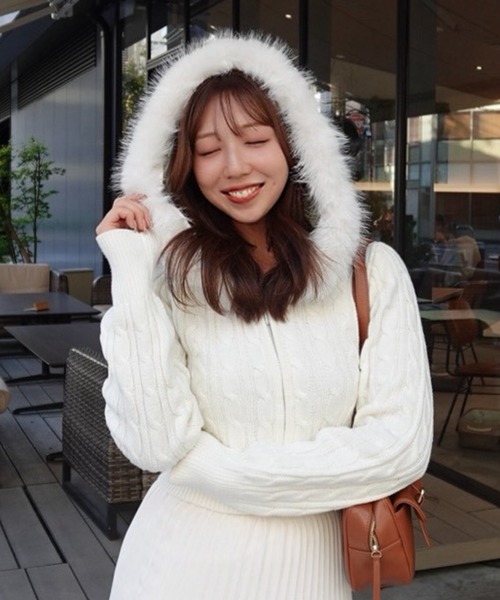 フードフェイクファーケーブルニットカーディガン 秋服 冬服