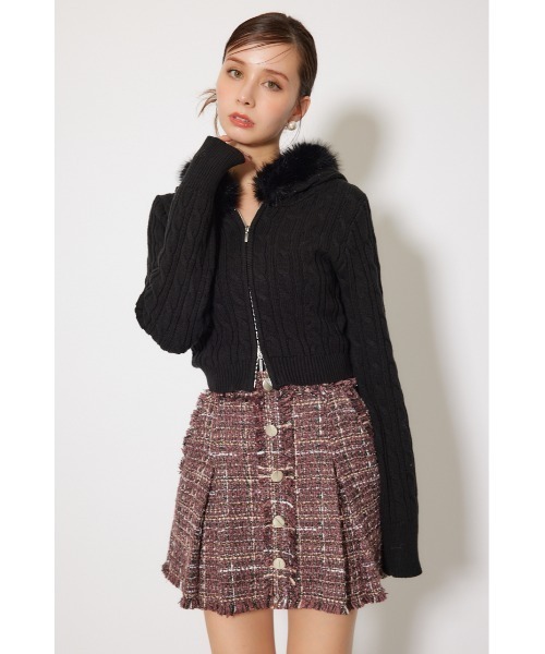 フードフェイクファーケーブルニットカーディガン 秋服 冬服