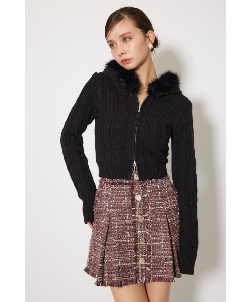 フードフェイクファーケーブルニットカーディガン 秋服 冬服