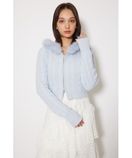 フードフェイクファーケーブルニットカーディガン 秋服 冬服