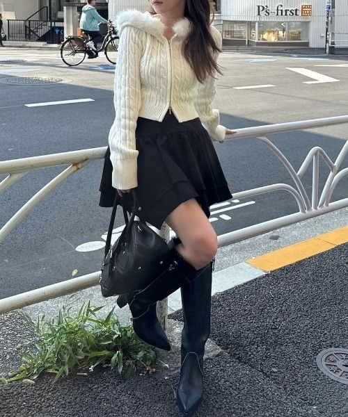 フードフェイクファーケーブルニットカーディガン 秋服 冬服