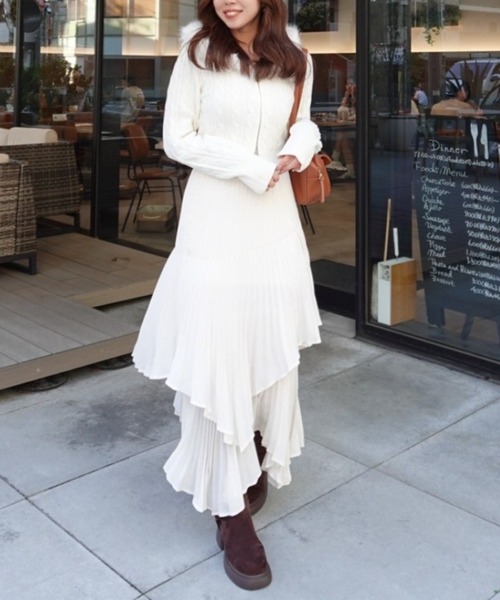 フードフェイクファーケーブルニットカーディガン 秋服 冬服