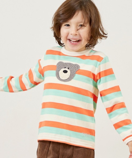 KP BOY（ケーピーボーイ）の「クマ編モチーフ マルチボーダー長袖Tシャツ（Tシャツ/カットソー・キッズ・オレンジ/ベージュ・100cm/110cm/80ｃｍ/90cm）」の2枚目の写真