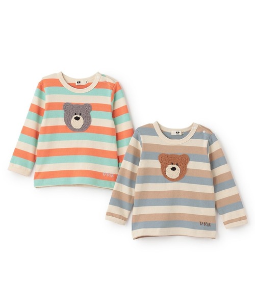 KP BOY（ケーピーボーイ）の「クマ編モチーフ マルチボーダー長袖Tシャツ（Tシャツ/カットソー・キッズ・オレンジ/ベージュ・100cm/110cm/80ｃｍ/90cm）」の3枚目の写真