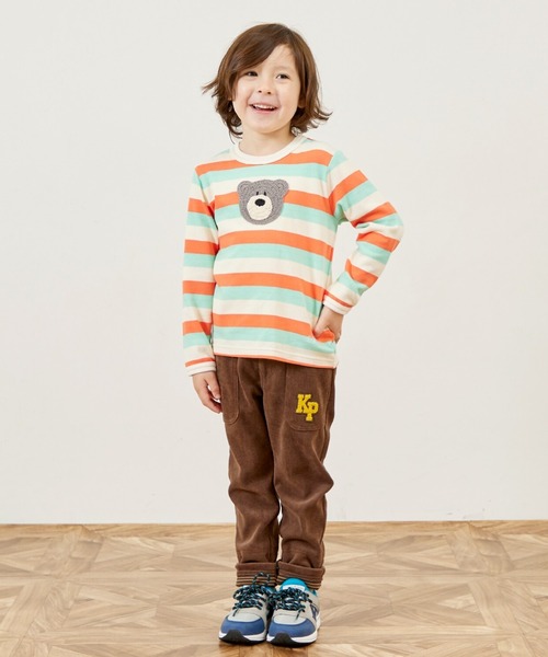 KP BOY（ケーピーボーイ）の「クマ編モチーフ マルチボーダー長袖Tシャツ（Tシャツ/カットソー・キッズ・オレンジ/ベージュ・100cm/110cm/80ｃｍ/90cm）」の4枚目の写真