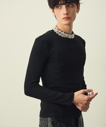Jeweled neck mock neck top / ネックビジューモックネックカットソー