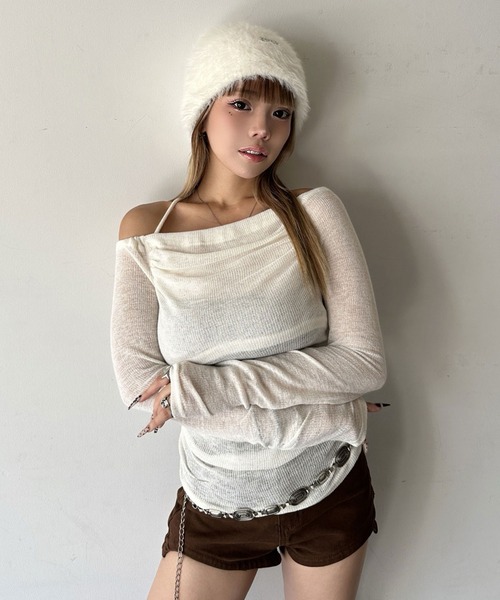 d.i.a.(ダイヤ)の「チョーカー付 ギャザー シアー2way ロンT(Tシャツ/カットソー・レディース・ブラウン/ブラック/ベージュ・FREE)」の3枚目の写真