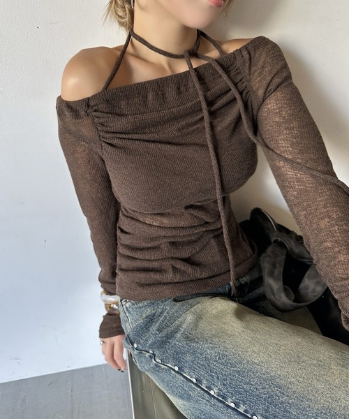 d.i.a.(ダイヤ)の「チョーカー付 ギャザー シアー2way ロンT(Tシャツ/カットソー・レディース・ブラウン/ブラック/ベージュ・FREE)」の19枚目の写真