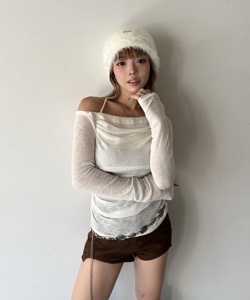 d.i.a.(ダイヤ)の「チョーカー付 ギャザー シアー2way ロンT(Tシャツ/カットソー・レディース・ブラウン/ブラック/ベージュ・FREE)」の7枚目の写真