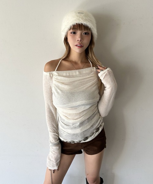 d.i.a.(ダイヤ)の「チョーカー付 ギャザー シアー2way ロンT(Tシャツ/カットソー・レディース・ブラウン/ブラック/ベージュ・FREE)」の12枚目の写真