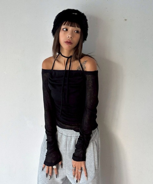 d.i.a.(ダイヤ)の「チョーカー付 ギャザー シアー2way ロンT(Tシャツ/カットソー・レディース・ブラウン/ブラック/ベージュ・FREE)」の11枚目の写真