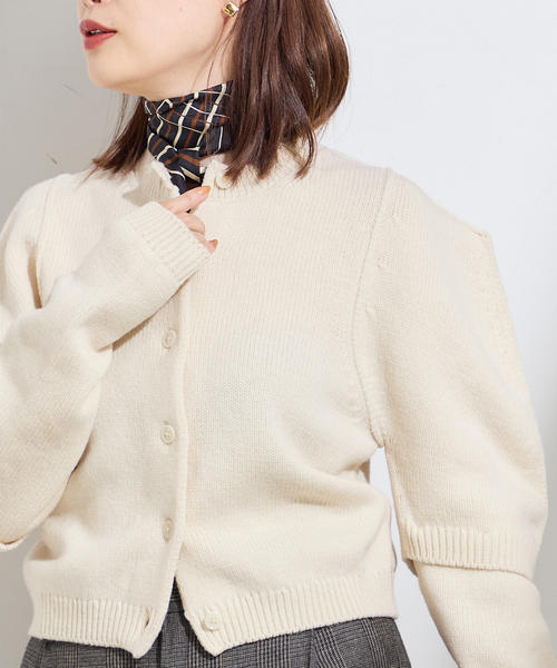 JANE SMITH】7G BIG SHOULDER CREW CARDIGAN：カーディガン