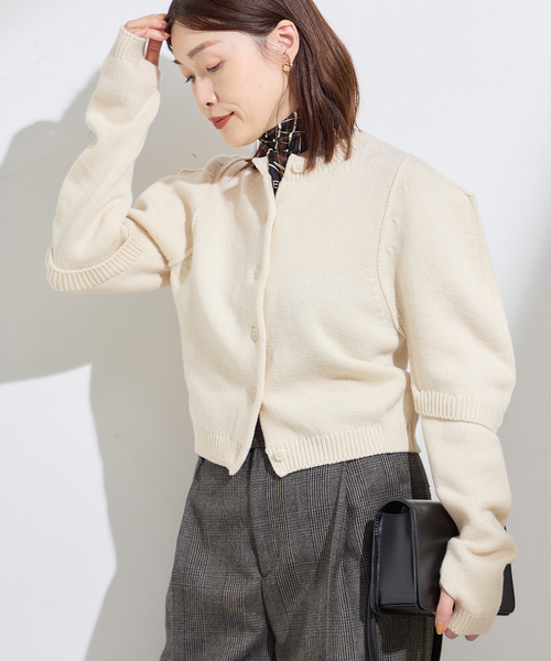 JANE SMITH】7G BIG SHOULDER CREW CARDIGAN：カーディガン