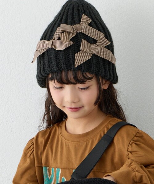 CIAOPANIC TYPY(チャオパニックティピー)の「【KIDS】リボンニット帽(ニットキャップ/ビーニー・キッズ・グレー/ブラック・ONE SIZE)」の4枚目の写真
