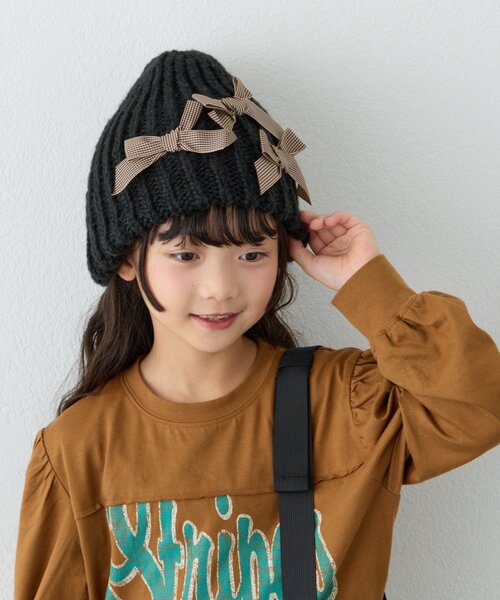 CIAOPANIC TYPY(チャオパニックティピー)の「【KIDS】リボンニット帽(ニットキャップ/ビーニー・キッズ・グレー/ブラック・ONE SIZE)」の5枚目の写真