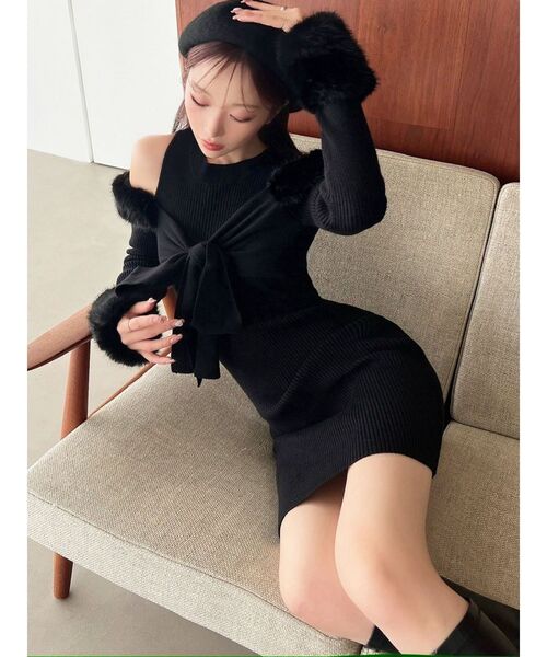 【新品】RESEXXY ポイントフェイクファーミニニットワンピース ブラック ポイントフェイクファーミニニットワンピース（ワンピース）｜RESEXXY