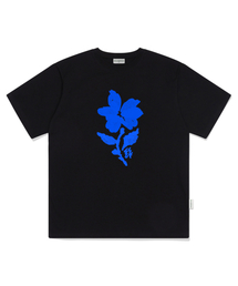 ノスタルジア ブルーフラワープリント オーバーサイズ 半袖Tシャツ ブラック