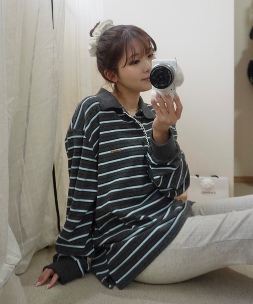 ジュメロ マルチボーダーポロトップ ネイビー マルチボーダーポロトップ（Tシャツ/カットソー）｜JUMELLE（ジュメロ