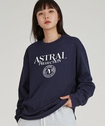 レタリングロゴエンブレムラウンドネック13番手綿ロングスリーブTシャツ_ネイビー