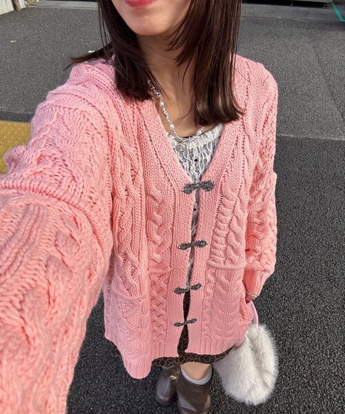 [即日発送]レディース 古着 レザー パッチワーク カーディガン チェーンボタン パッチワークチロリアンケーブルカーディガン（カーディガン/ボレロ