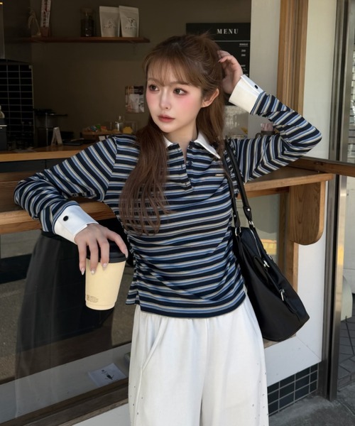 RAY CASSIN(レイカズン)の「マルチボーダー胸刺繍コンパクトポロ(Tシャツ/カットソー・レディース・ホワイト系その他2/ブラウン系その他2/グレー系その他2/ネイビー/ピンク系その他2・FREE)」の13枚目の写真