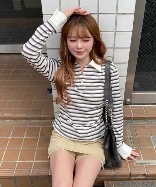 RAY CASSIN（レイカズン）の「マルチボーダー胸刺繍コンパクトポロ（Tシャツ/カットソー・レディース・ホワイト系その他2/ブラウン系その他2/グレー系その他2/ネイビー・FREE）」の6枚目の写真