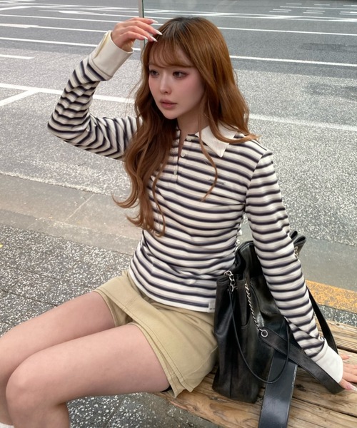 RAY CASSIN（レイカズン）の「マルチボーダー胸刺繍コンパクトポロ（Tシャツ/カットソー・レディース・ホワイト系その他2/ブラウン系その他2/グレー系その他2/ネイビー・FREE）」の5枚目の写真