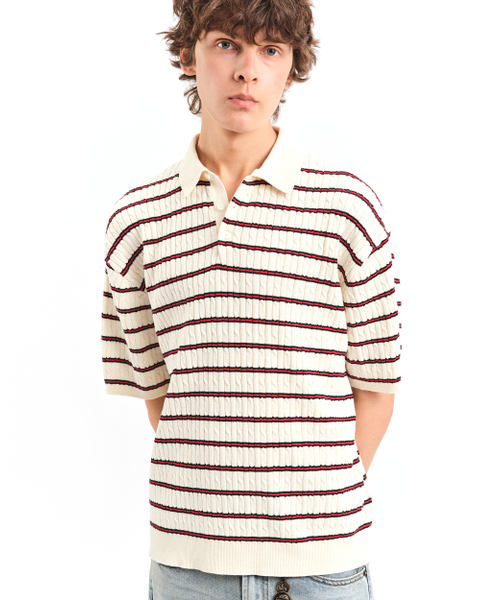 POKER FACE（ポーカーフェイス）の「CABLE RUGBY HALF SLEEVE KNIT RED STRIPE（ポロシャツ・レディース・その他・46/48/50）」の2枚目の写真